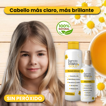 Kit Aclarador Natural de Cabello para niños Esencia Mágica Gold®  Shampoo Aclarador+Spray Aclarador e Hidratante